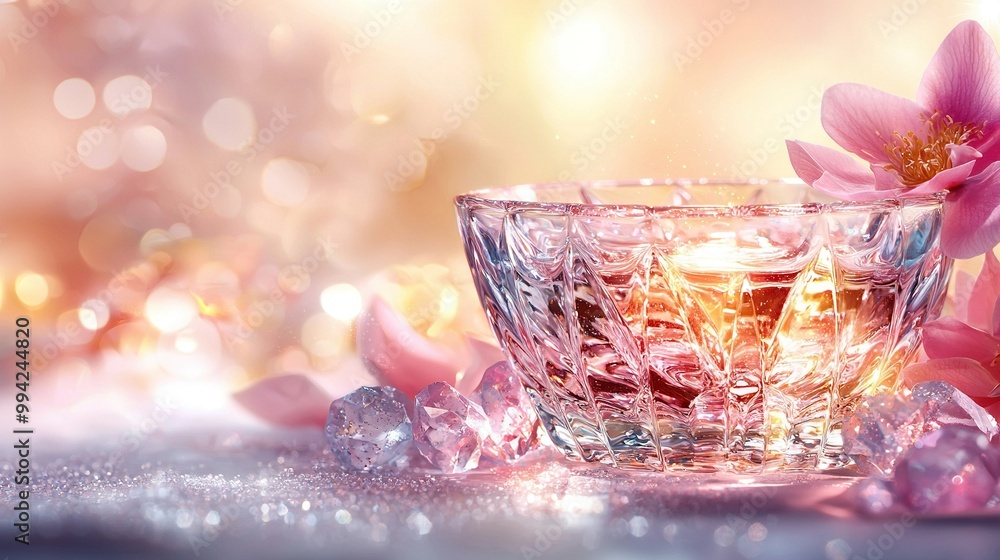Poster a sharp focus on a glass containing a flower, placed atop a crystal-studded table with a fuzzy backd