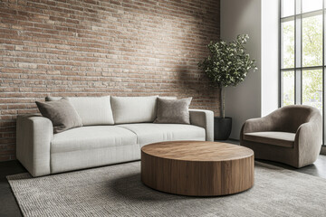 Modern living room with neutral furniture, a round wooden coffee table, and a sleek design against a brick wall backdrop