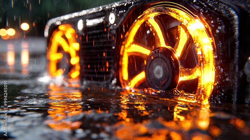 Poster a focused image of a computer fan on a damp surface surrounded by hazy orange and yellow light backg