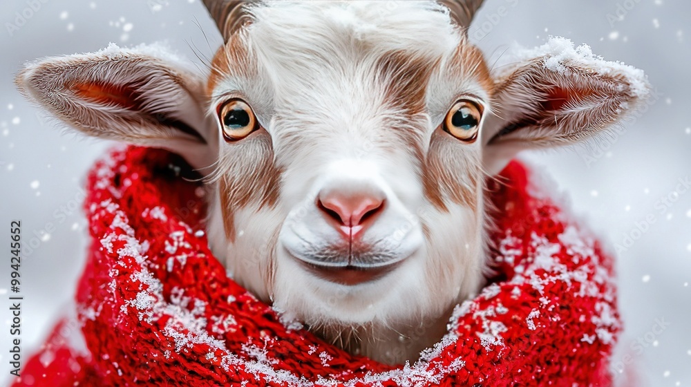 Poster a close-up of a goat in a scarf, facing the camera against a snowflake backdrop