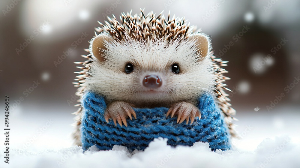 Wall mural hedgehog in blue sweater amidst snowflakes