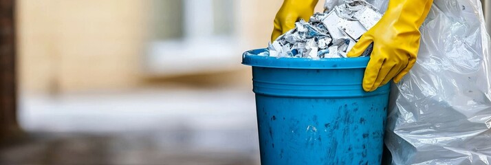 The unrecognizable person is holding cleaning products. The company's cleaning staff is providing services