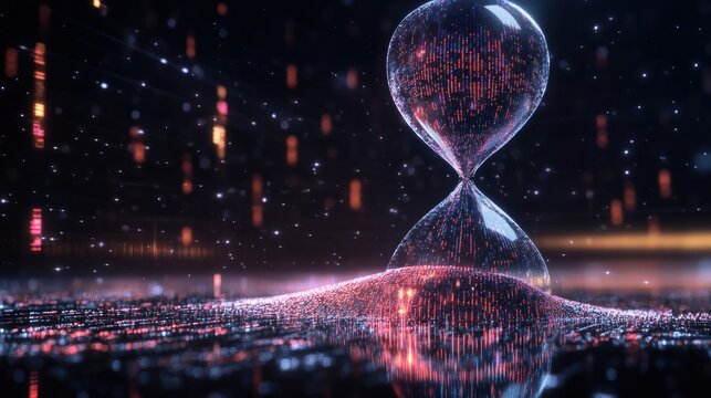 An hourglass with digital pixels or binary codes flowing like sand