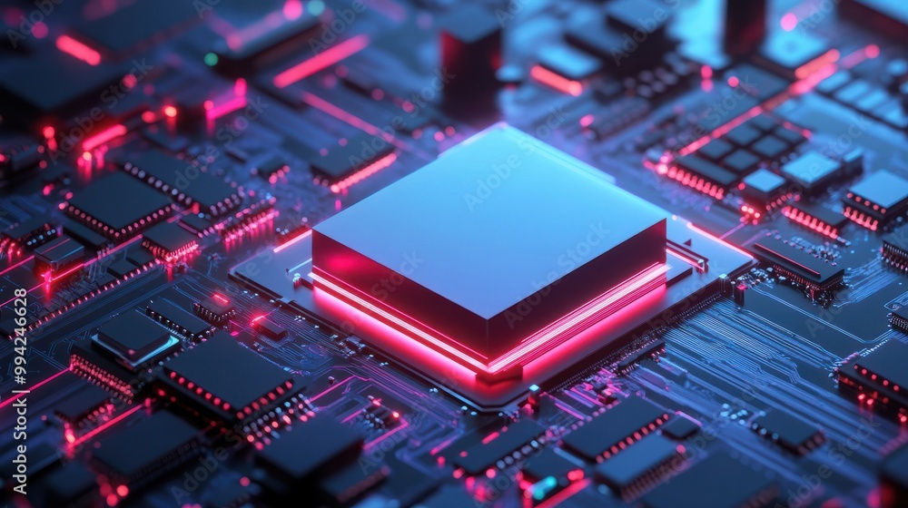 Poster artificial intelligence microchip. microprocessor with ai technology