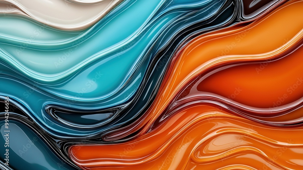 Poster a close-up of a multicolored surface with a wave pattern in the middle, surrounded by a blue, orange