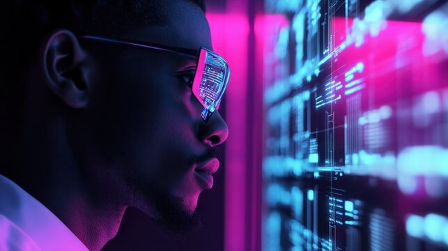 artificial intelligence cyber security threat illustration concept AI banner. Black african american male IT specialist analysing data information technology privacy leaks AR artificial intelligence