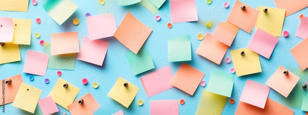 Poster a fun and colorful pattern of push pins and sticky notes scattered across the background