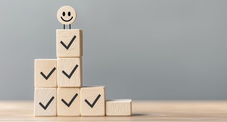 Professional management figure on second step of stair with tick checkmark for work task and project planning progression.