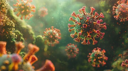 Obraz premium An illustration depicting a macro closeup of a floating influenza virus cell.