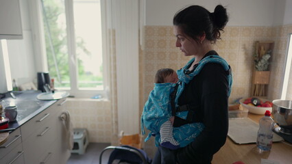 Mother standing in the kitchen with her baby in a carrier, looking thoughtful and focused, capturing a moment of everyday family life and multitasking in a home setting