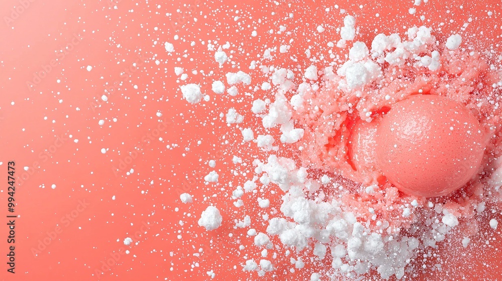 Poster a close-up of a powdered object on a pink background with a droplet of water on top
