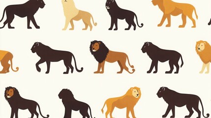 Fototapeta premium lion silhouettes in various poses, using earthy tones like brown, gold, and orange.