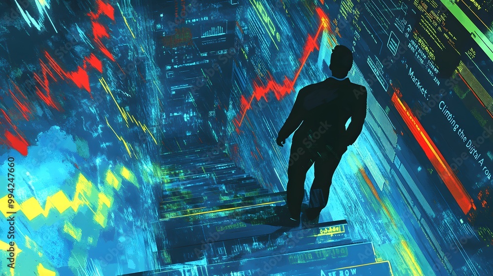 Aufkleber silhouette of a man ascending a digital staircase with data visualizations