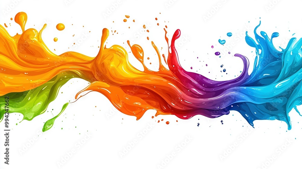 Poster a wave of multicolored paint on a white background with a splash at the bottom