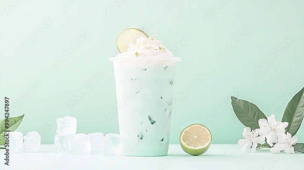Aufkleber a glass filled with ice and a lime wedge resting near ice cubes and a lemon slice on a table