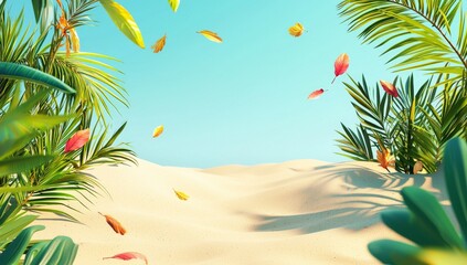 A summer holiday background with a golden beach and rays of sun light on a golden sand beach with a sea blue sky and white clouds in the distance. A copy of space summer vacation concept with a