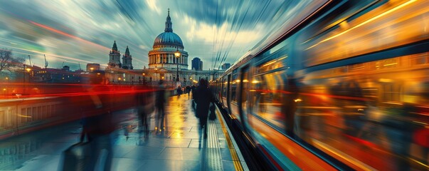 Blurry scene of London transportation in motion, set against St. Paul's Cathedral.