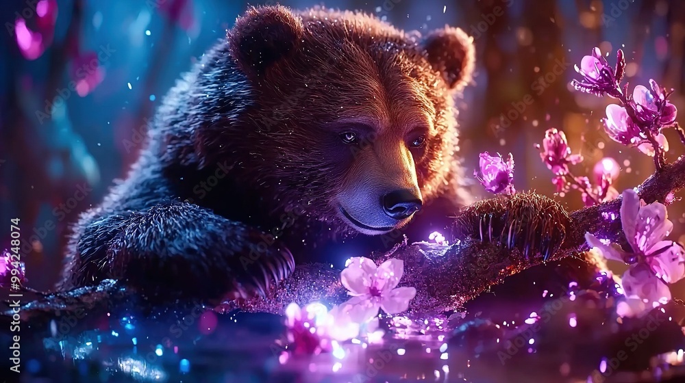 Poster a close-up of a bear on a tree branch with flowers in the foreground and a blurry background