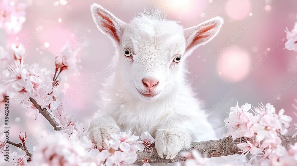 Aufkleber goat on tree branch with flowers in front of blurred background