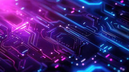 Blue and purple technology background circuits intertwine, illustrating the seamless fusion of advanced engineering and artistic design, Sharpen with copy space