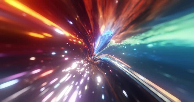 Warp Speed Tunnel. Warp through time and space at high speed. Thrilling 4K motion design loop of a flight through a light space tunnel. Technology theme high speed tunnel, cosmic futuristic effect.