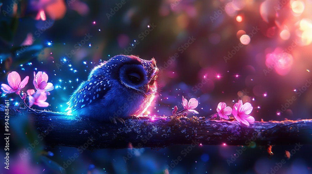 Poster an owl rests on a tree branch, surrounded by vibrant blooms in front and a hazy backdrop behind