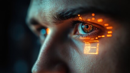 A close-up of a person's eye, showcasing a digital display reflected on the iris, symbolizing technology, vision, and innovation.