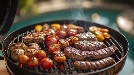 grill close-up with flavorful food cooking at a poolside barbecue party , showing delicious grilled meat and vegetables , flame-grilled and smoky , perfect for a fun outdoor event and summer gathering