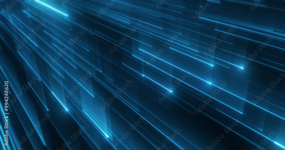 Poster blue tech lines with a glow, weaving through cyberspace. 3d lines, driven by data, forms an intricat