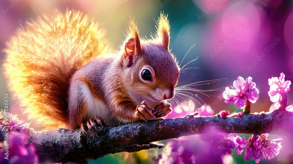 Poster a clearer image of a squirrel on a tree's branch, surrounded by vibrant flowers, and a sharp focus b
