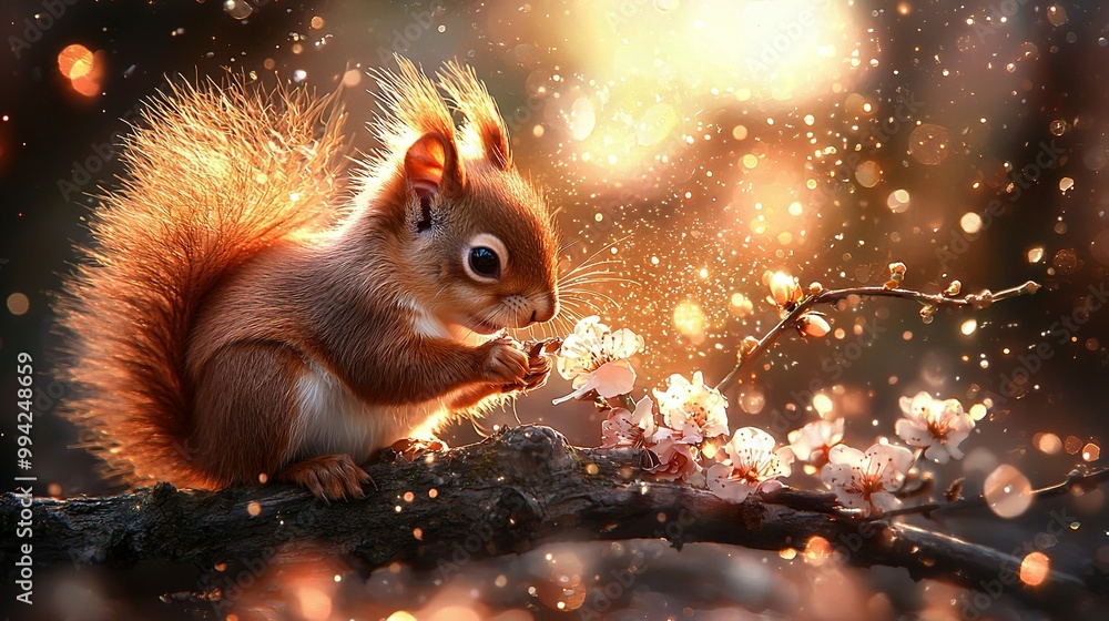 Poster a close-up of a squirrel on a tree branch surrounded by flowers in the foreground and blurry backgro