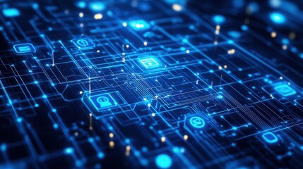 Obraz premium blue tech background with icons and blue wires
