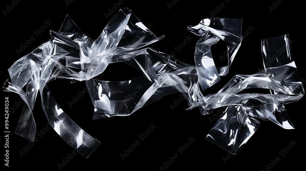 Poster transparent tape strips on a black background create dynamic shadows and a graceful, captivating des