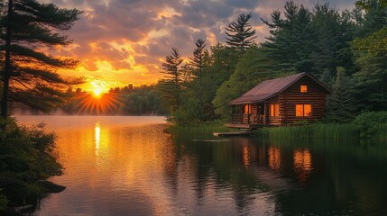 Obraz premium peaceful cabin by the lake at sunset with golden sky and water reflection , perfect for a nature getaway , offering calm and serene outdoor scenery in a wilderness and forest environment