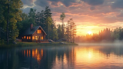 Fototapeta premium peaceful cabin by the lake at sunset with golden sky and water reflection , perfect for a nature getaway , offering calm and serene outdoor scenery in a wilderness and forest environment