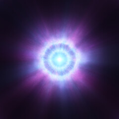 A glowing blue and purple energy burst radiating bright light from its center, set against a dark background. Ideal for sci-fi visuals, digital art, futuristic designs