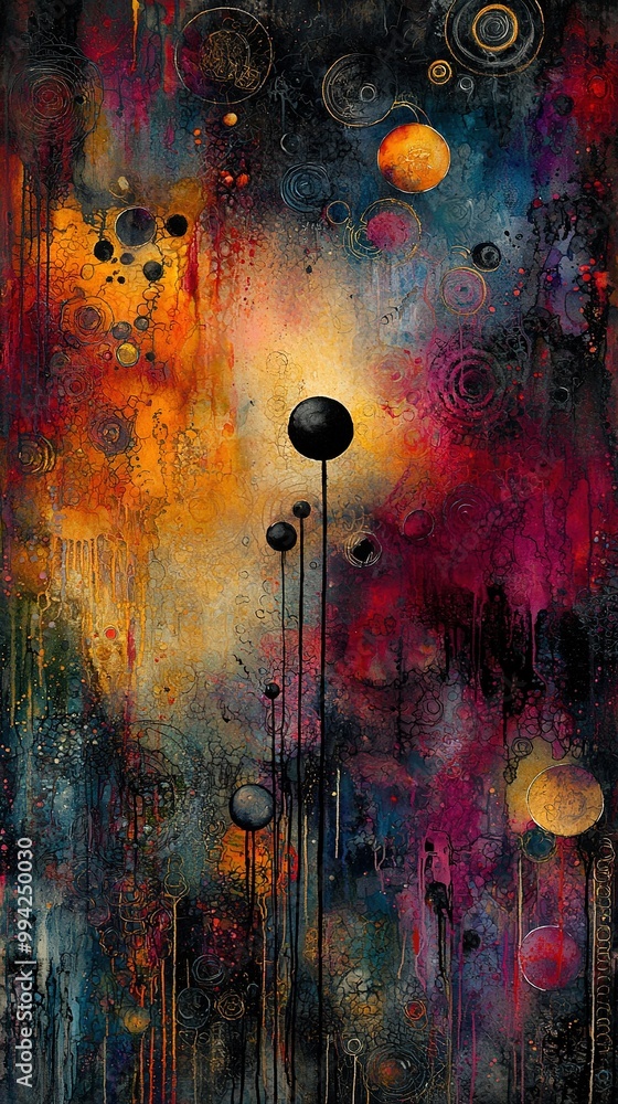 Poster a colorful painting on the bottom half of the wall, featuring various sized circles arranged in patt
