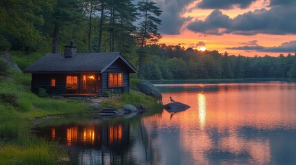Fototapeta premium peaceful cabin by the lake at sunset with golden sky and water reflection , perfect for a nature getaway , offering calm and serene outdoor scenery in a wilderness and forest environment