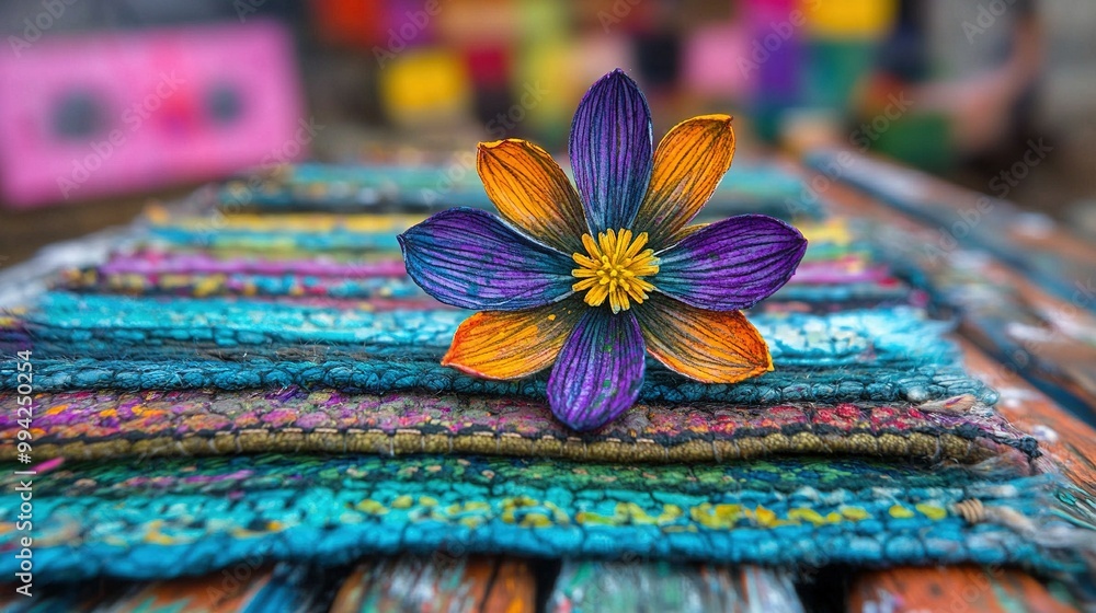 Poster closer look at a flower on a cloth on a wooden table with surrounding objects