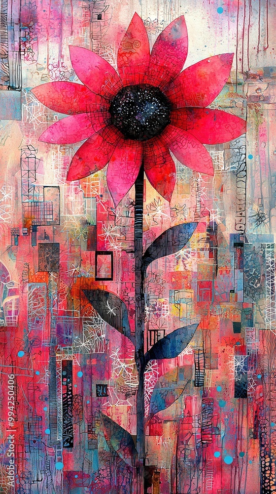 Poster red flower with a black center in colorful background surrounded by squares and rectangles