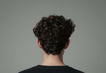 Back view of a man wearing a black t-shirt on a light grey background. A mockup for design purposes