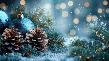 Christmas background with blue baubles, pine cones and bokeh. Beautiful christmas card.