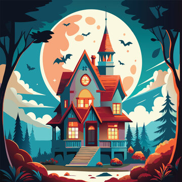 A halloween house and bat flying around the house