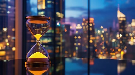 Close up hourglass on table with big city background, time and business concept,