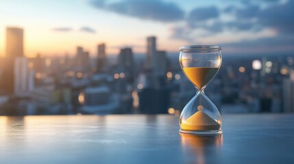 Close up hourglass on table with big city background, time and business concept,