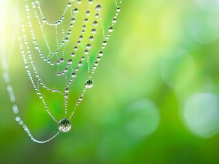 Elegant Close-Up of a Dew-Kissed Spider Web: Perfect for Nature Posters or Tranquil Interiors, Showcasing Nature's Intricate Beauty Against a Soft Blurred Green Background