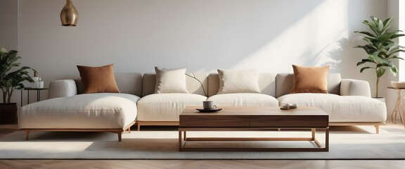 Living room  interior in light colors with cozy sofa and coffee table. AI generated