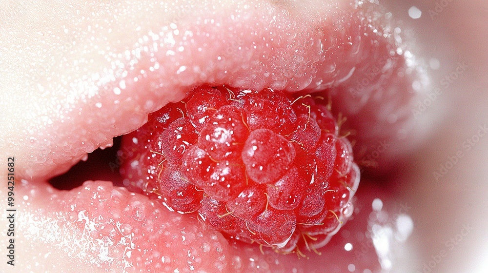 Poster a close-up of a person's lips with a raspberry in the middle and water droplets on the edge