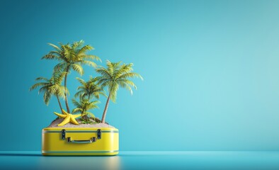Fototapeta premium Composition of a summer beach in a suitcase on a blue background in 3D. Travel concept idea.