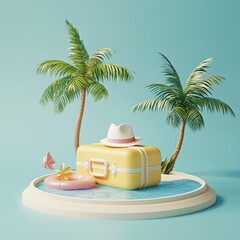 Obraz premium Imaginary summer beach, giant suitcase, island travel concept. 3D rendering.